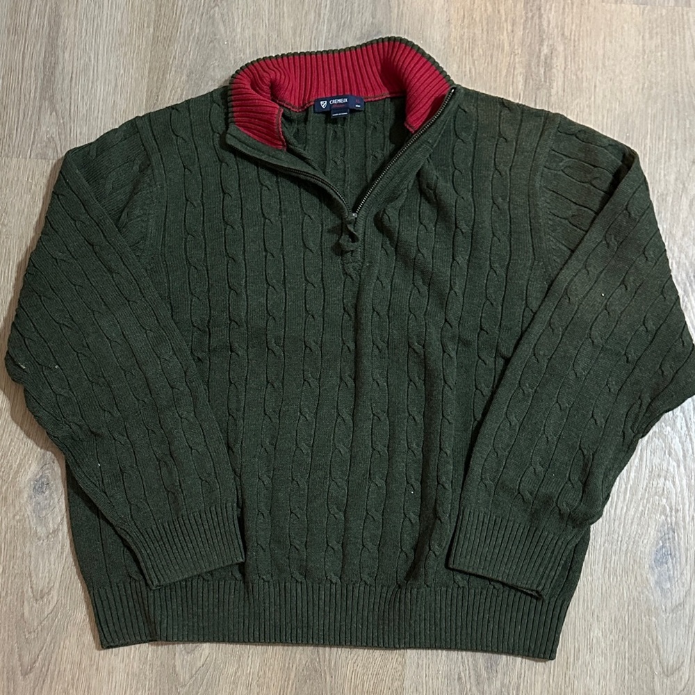 Men’s Olive Green Cable Knit Half-Zip Sweater with Red Contrast Collar